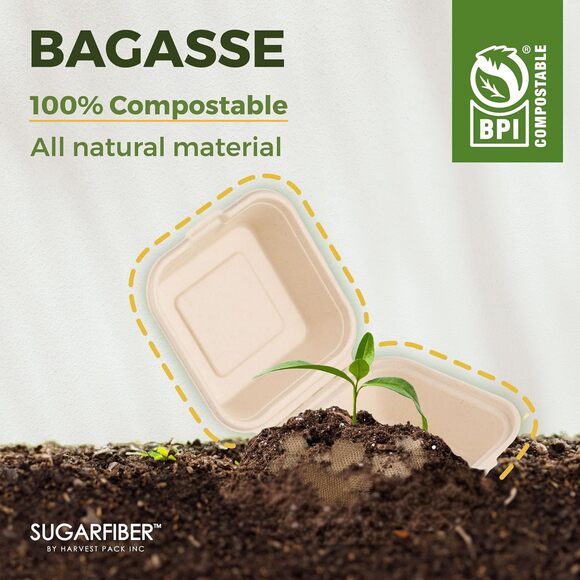 50 Pack 8x8 Compostable Clamshell Food Containers PFAS Free Bagasse Hinged Box - Picture 9 of 10
